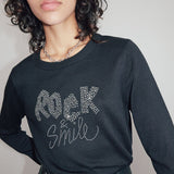 Pull en maille visuel message clous et strass - Noir - IKKS