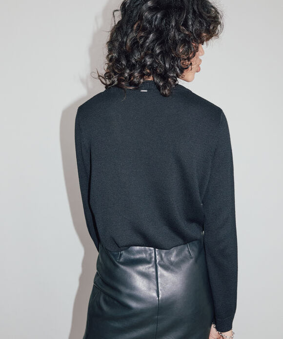 Pull en maille visuel message clous et strass - Noir - IKKS