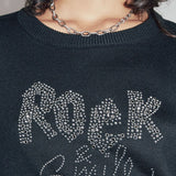 Pull en maille visuel message clous et strass - Noir - IKKS