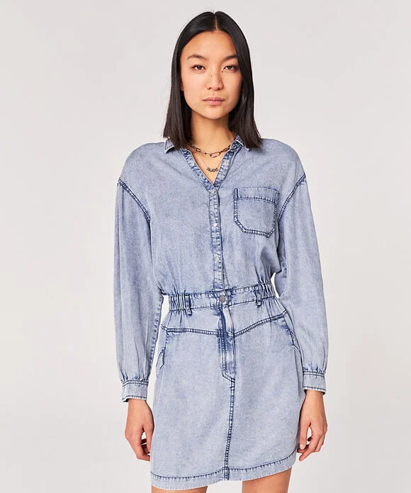 Robe chemise en denim acid wash - Summer Blue - IKKS