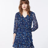 Frilled voile dress - blue floral print - IKKS WOMEN