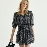 Robe volantée en voile plumetis - imprimé floral noir - IKKS WOMEN