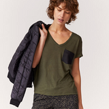 T-shirt col V en mix lin avec poche - Kaki - IKKS