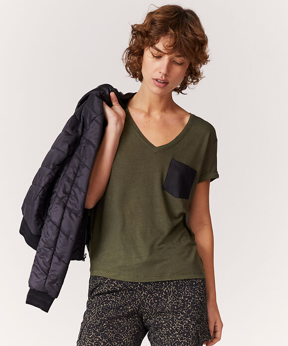 T-shirt col V en mix lin avec poche - Kaki - IKKS