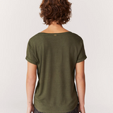 T-shirt col V en mix lin avec poche - Kaki - IKKS