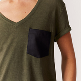 T-shirt col V en mix lin avec poche - Kaki - IKKS