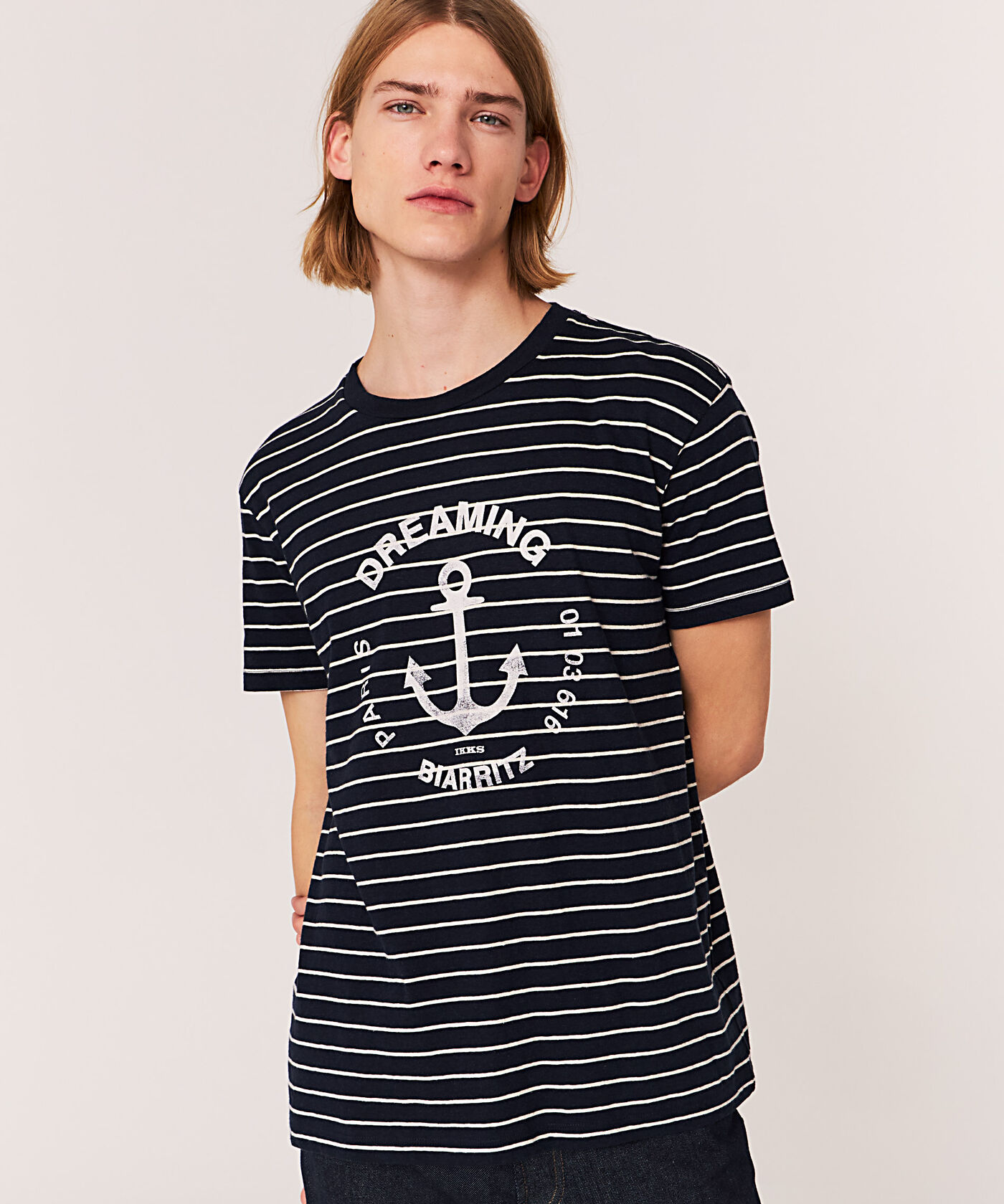 Tee-shirt rayé en lin - Marine - IKKS MEN