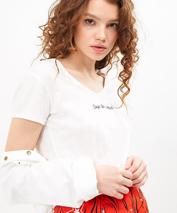 Tee-shirt coup de coeur brodé - blanc cassé  - I.Code