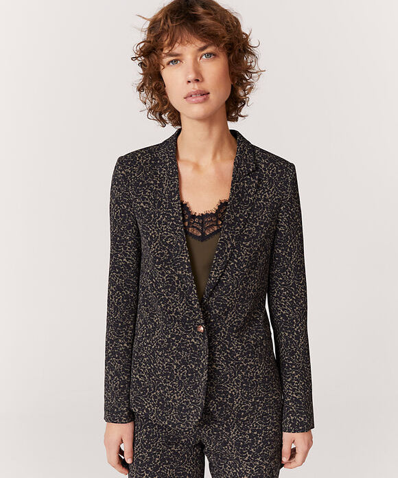Printed polycrepe tailored jacket - Khaki - IKKS