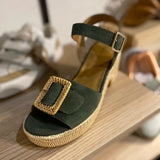 Tihana Buckle Wedge Sandals - Olive - SCHMOOVE