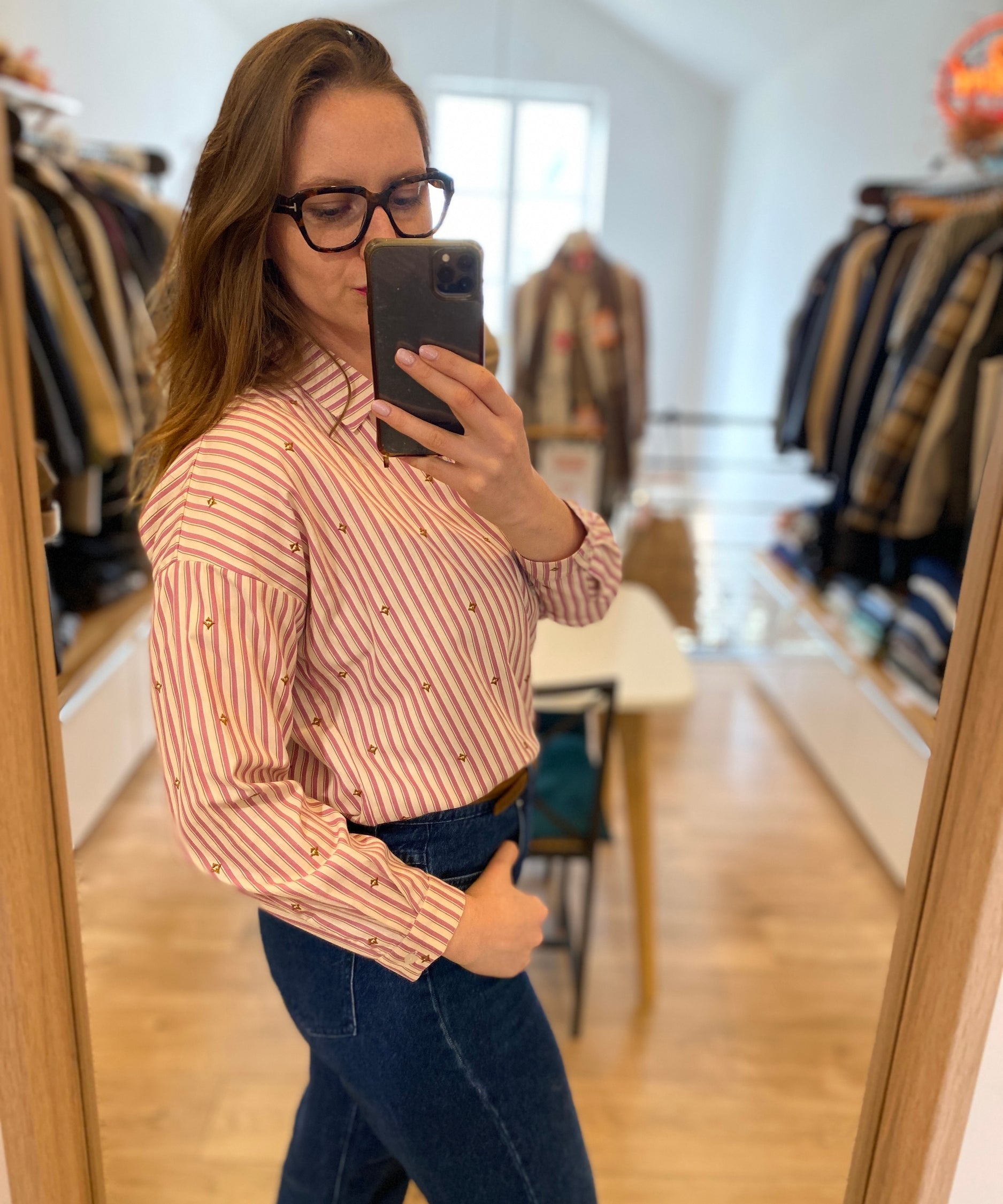 Chemise rayée broderie indienne Alexandra - Rose framboise - I.CODE