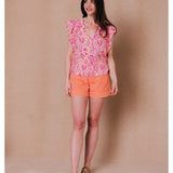 Blouse imprimée manches à volants Irène - Mangue - C'EST BEAU LA VIE !