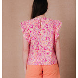 Blouse imprimée manches à volants Irène - Mangue - C'EST BEAU LA VIE !