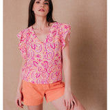 Blouse imprimée manches à volants Irène - Mangue - C'EST BEAU LA VIE !