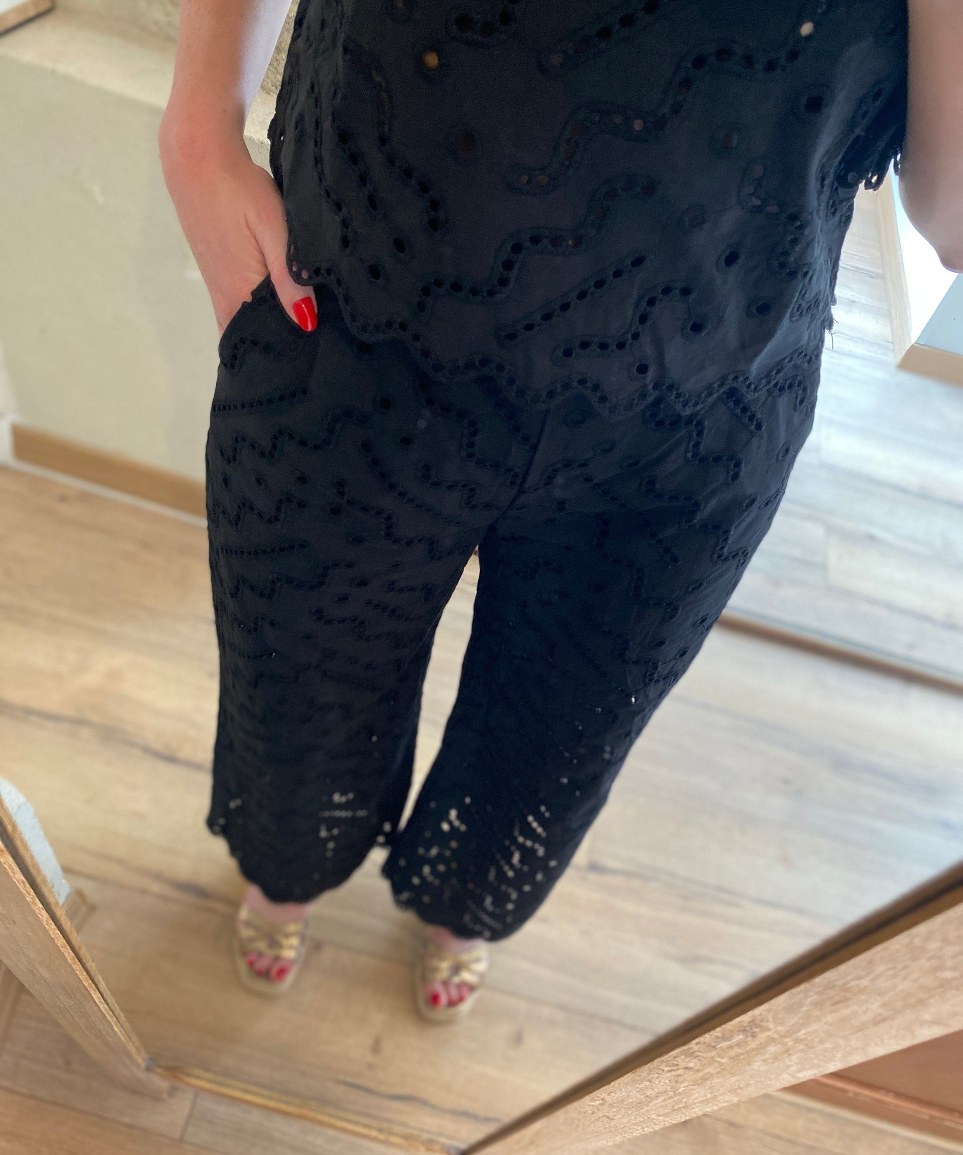 Pantalon large broderie anglaise Jane - Noir - SUNCOO