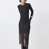 Jupe midi droite avec superposition dentelle Haye - Noire - SUNCOO