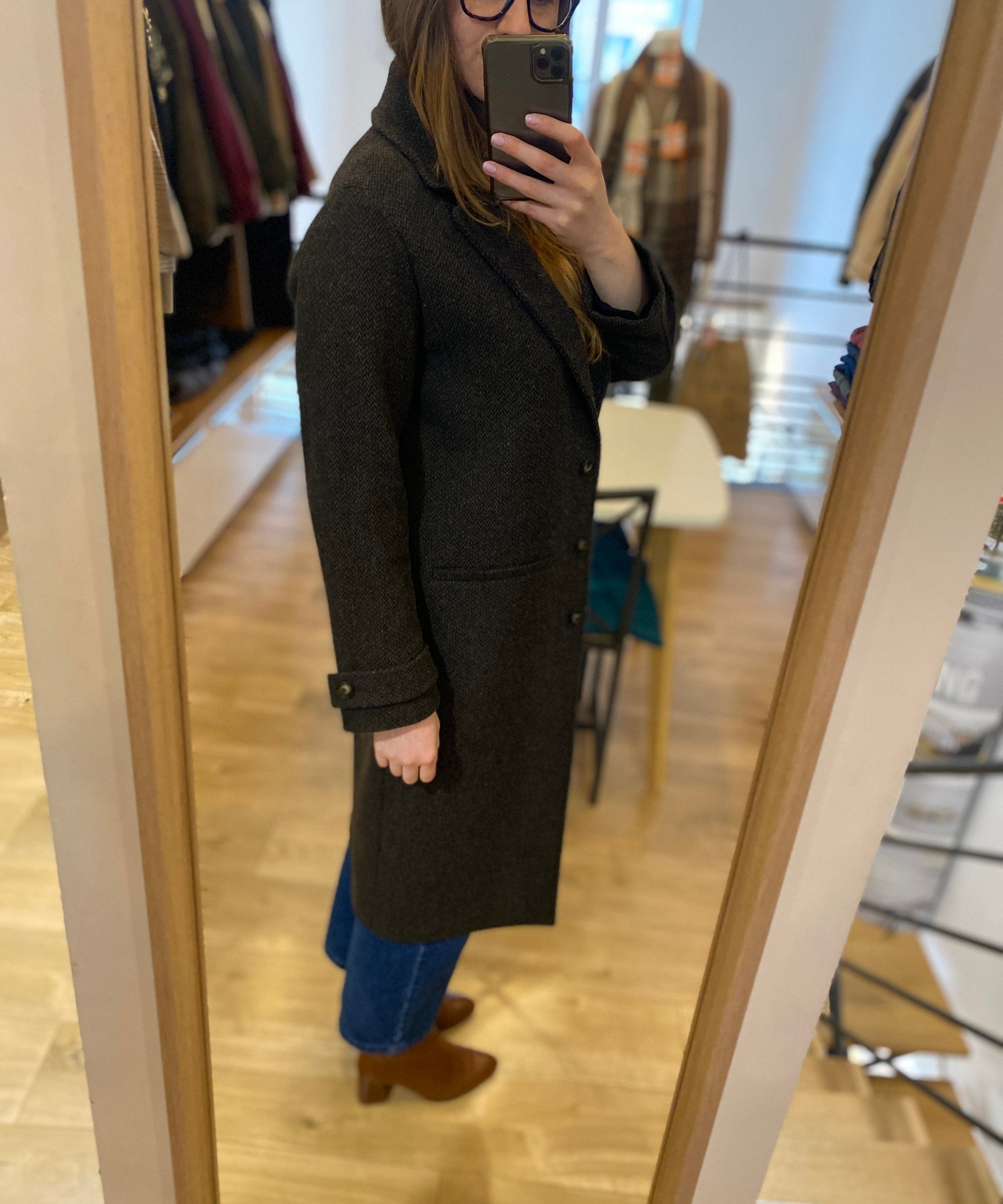 Manteau droit en laine mélangée imprimé - Chocolat - I.CODE