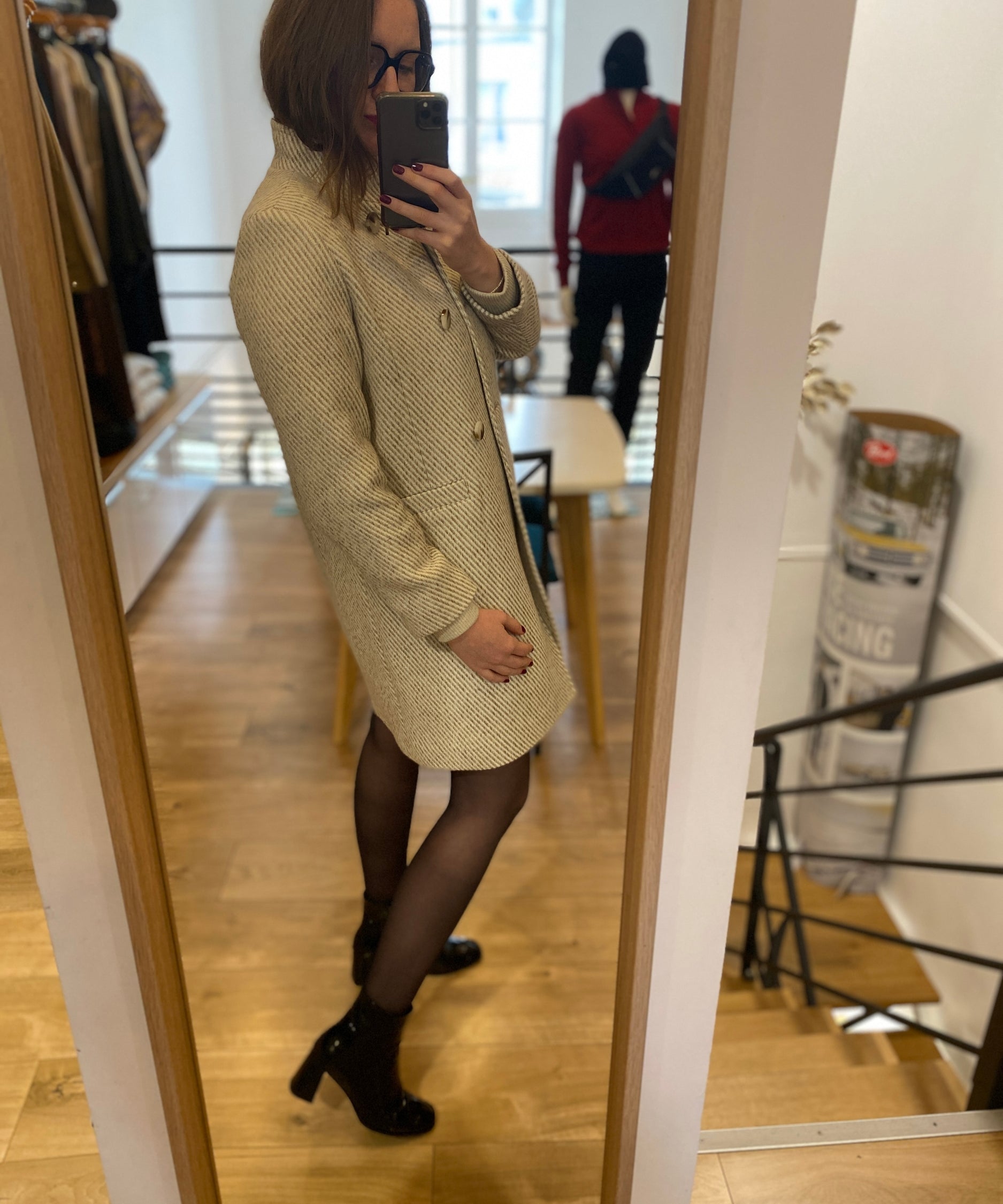 Manteau long rayé avec double boutonnage - Ecru - I.CODE