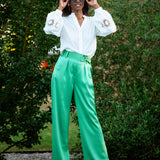 Pantalon satiné taille haute Jicky - Vert - Suncoo