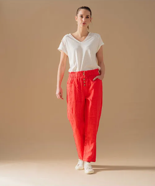 Pantalon slouchy en lin Sasha - Rouge - C'EST BEAU LA VIE