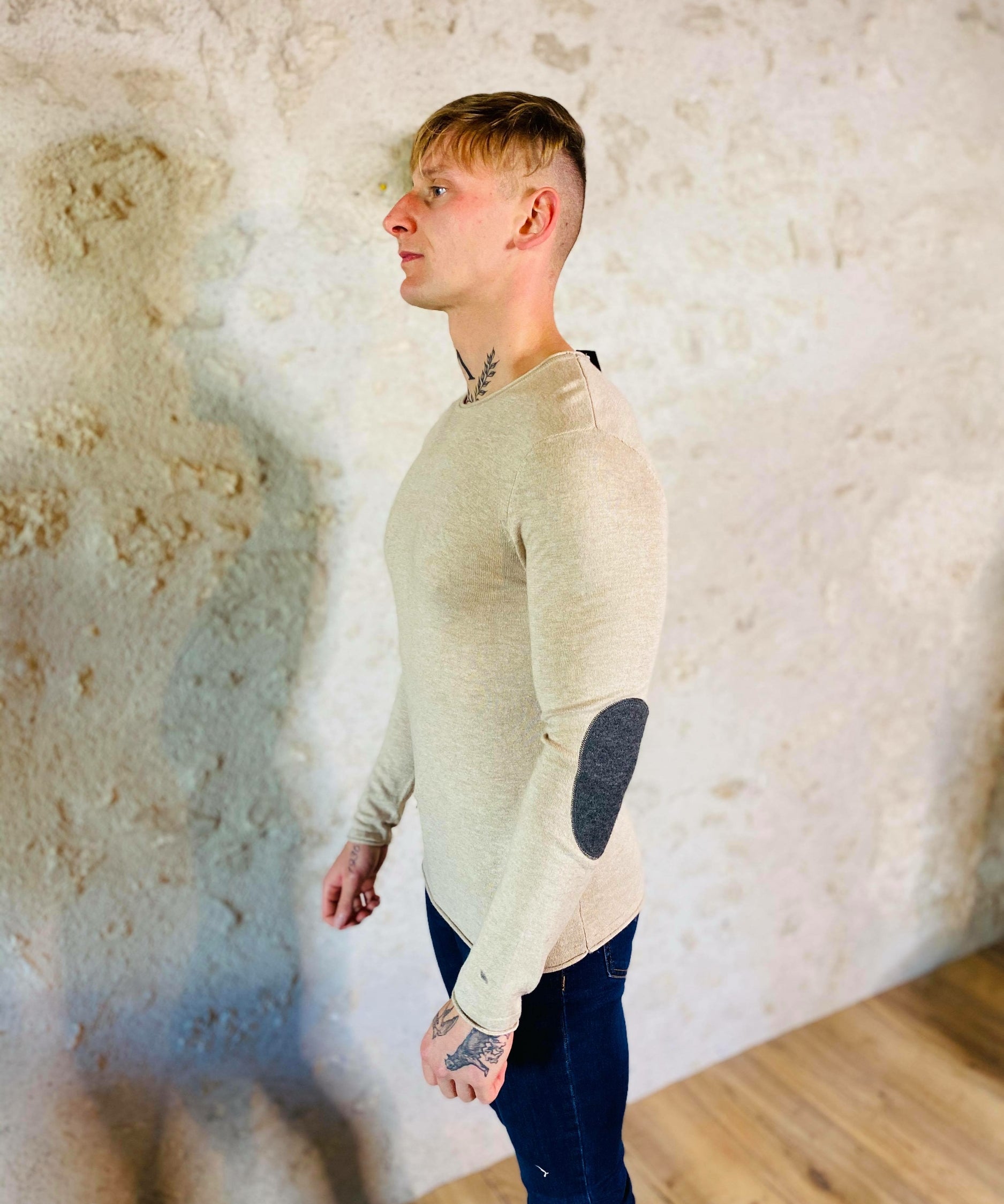 Pull col rond coton et cachemire beige
