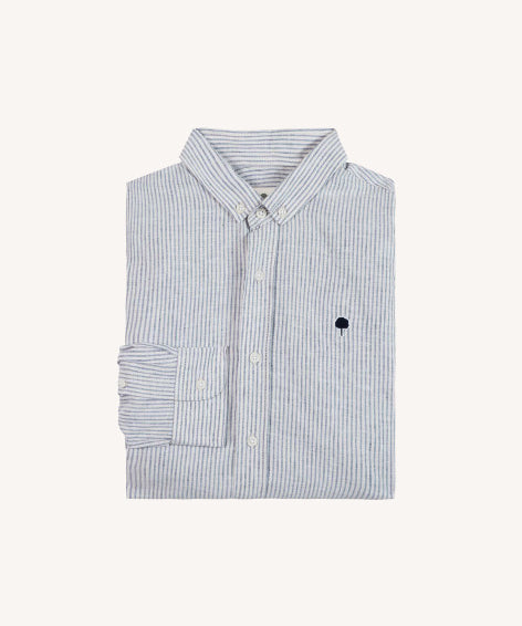 Chemise en lin rayée Ivoy - Ecru et marine - FAGUO HOMME