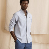 Chemise en lin rayée Ivoy - Ecru et marine - FAGUO HOMME