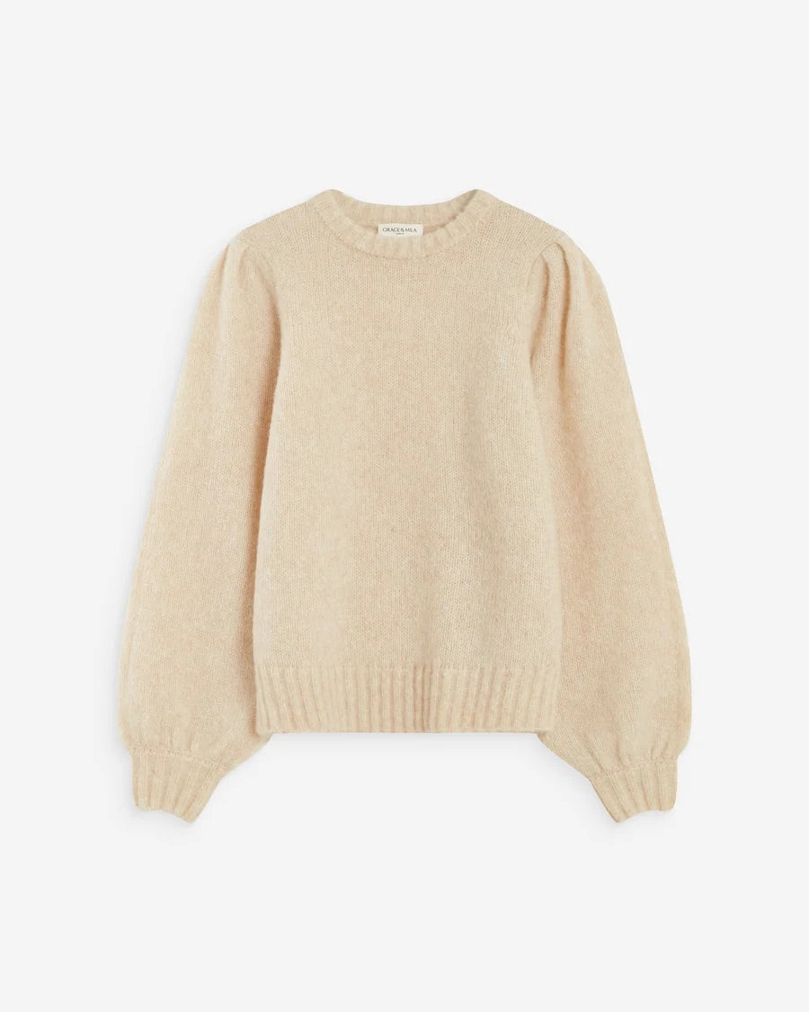 Pull ANTOINE GRACE & MILA beige – vue produit de face avec manches bouffantes