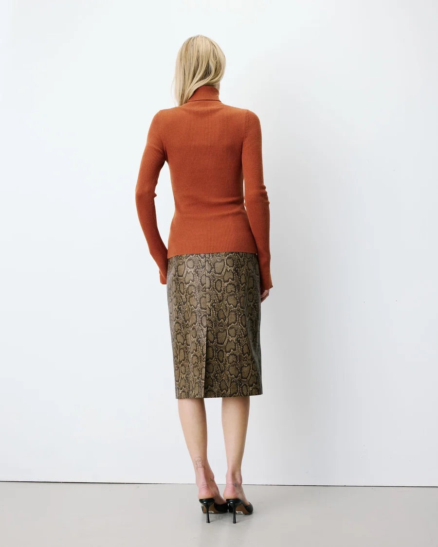 Pull ALFRED GRACE & MILA Coffee – porté de dos avec jupe midi imprimé python