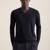 Pull en laine mérinos col V - Bleu foncé - SEIDENSTICKER