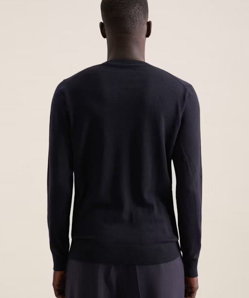 Pull en laine mérinos col V - Bleu foncé - SEIDENSTICKER