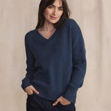 Pull Femme Tricot Col V Coton Laine Bleu Enolaver - Nocturne - TBS Femme