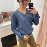 Pull Femme Tricot Col V Coton Laine Bleu Enolaver - Nocturne - TBS Femme