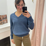 Pull Femme Tricot Col V Coton Laine Bleu Enolaver - Nocturne - TBS Femme