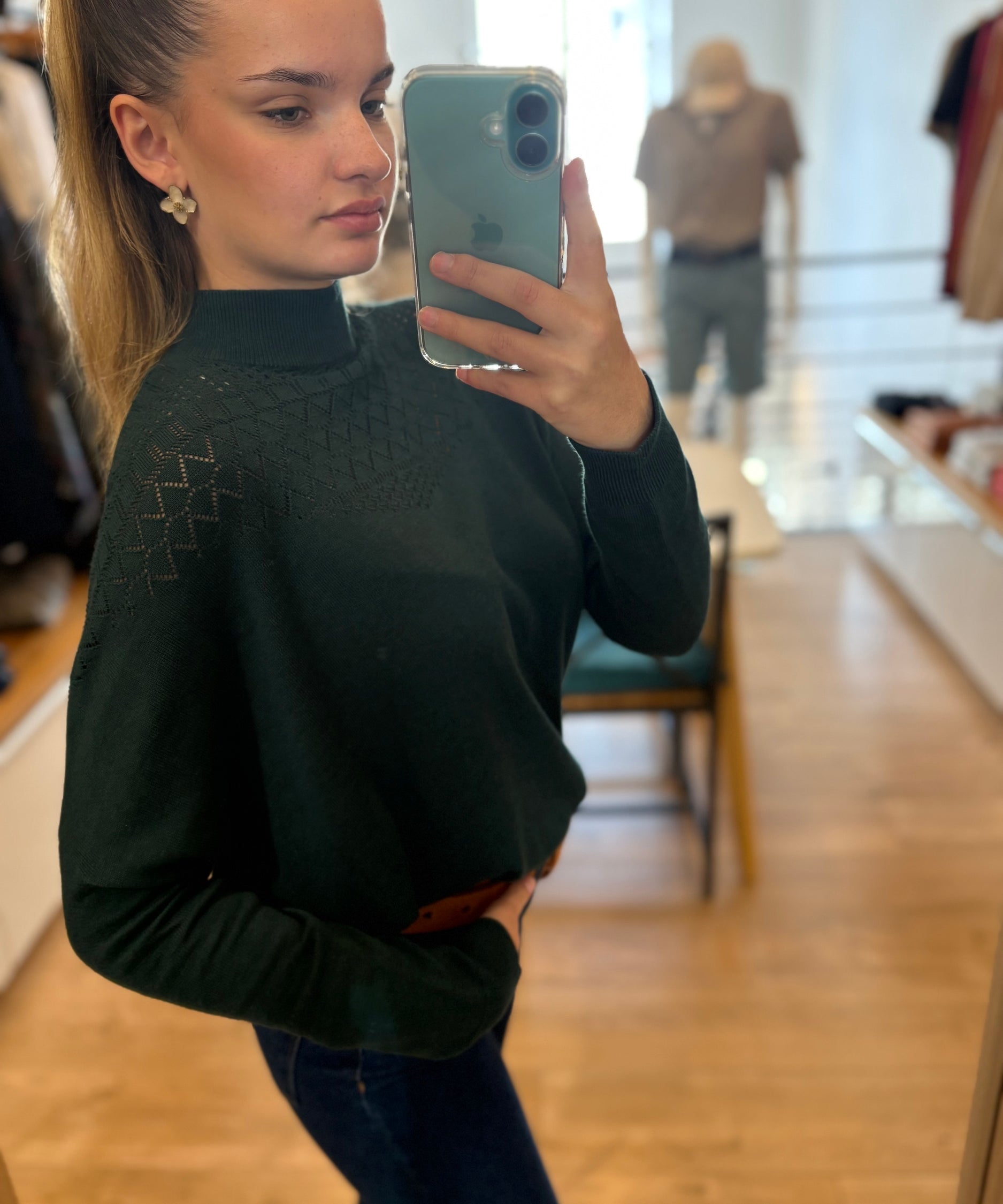 Cecile Open-Knit Cape Jumper - Green - I.CODE