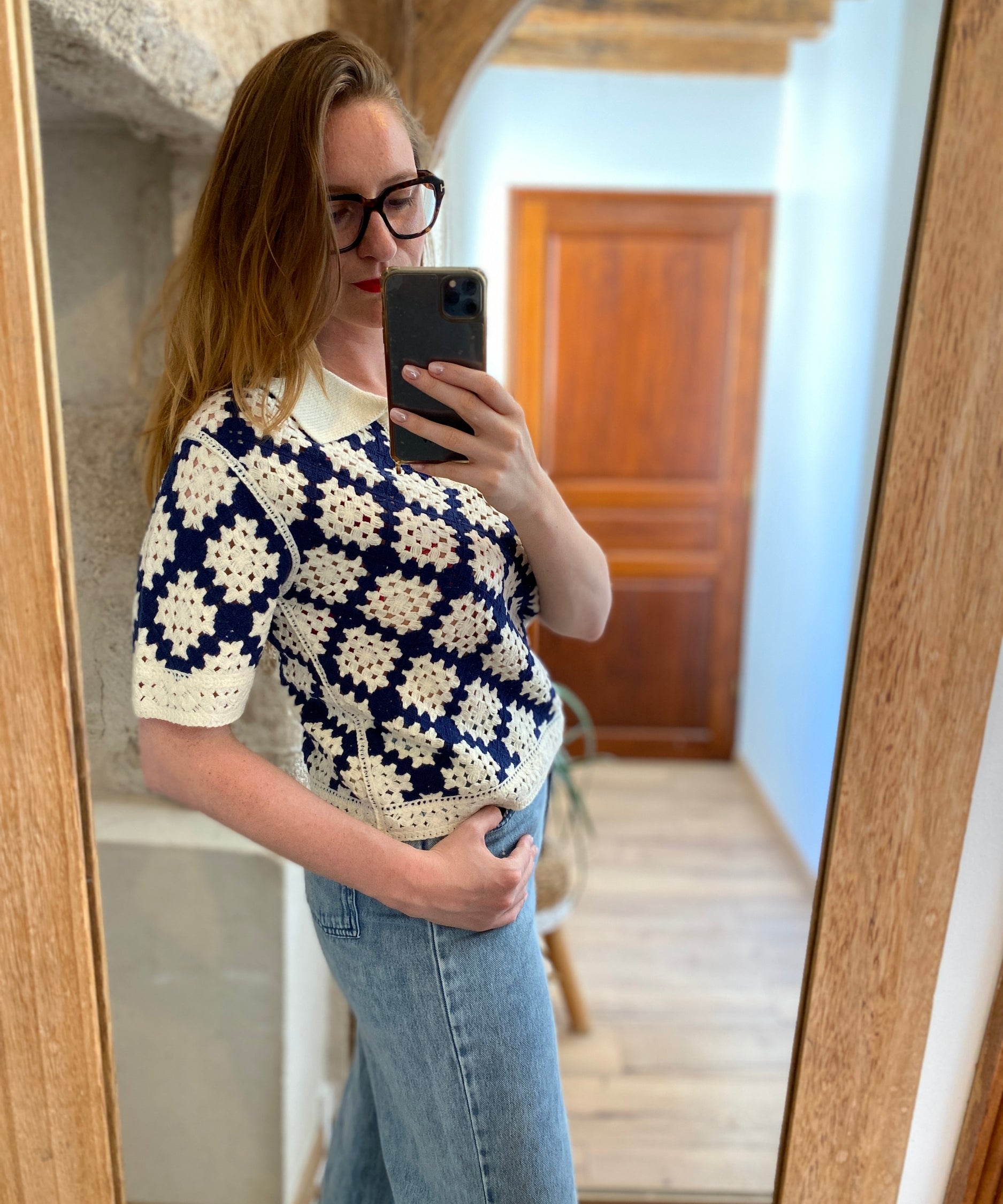 Pull polo en crochet Périsol - Bleu nuit - SUNCOO