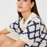Pull polo en crochet Périsol - Bleu nuit - SUNCOO