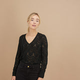 Pull col V en tricot ajouré et fils lurex - Barbery Green - I.Code
