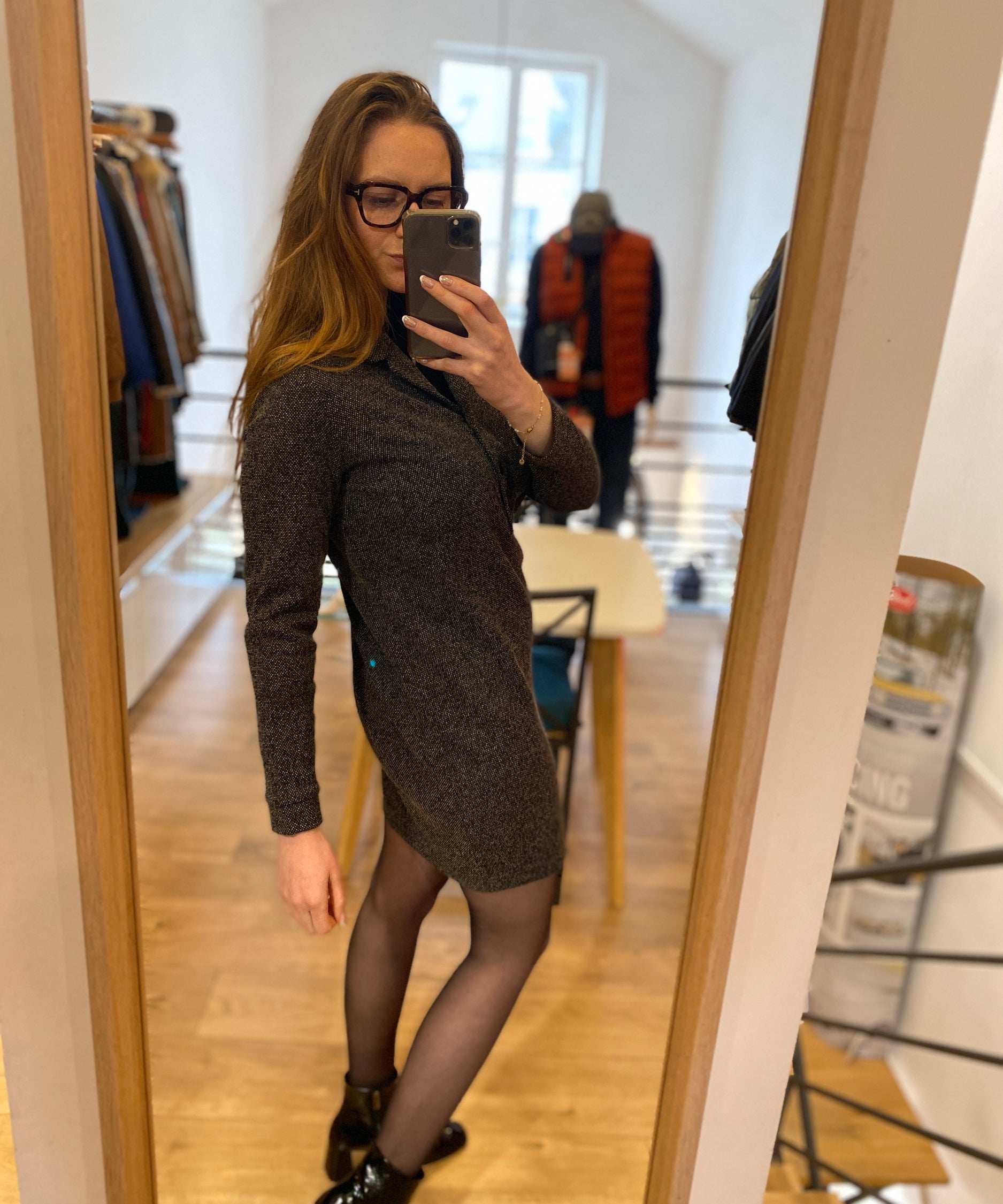 Robe chemise maille faux-uni - Noir - I.Code