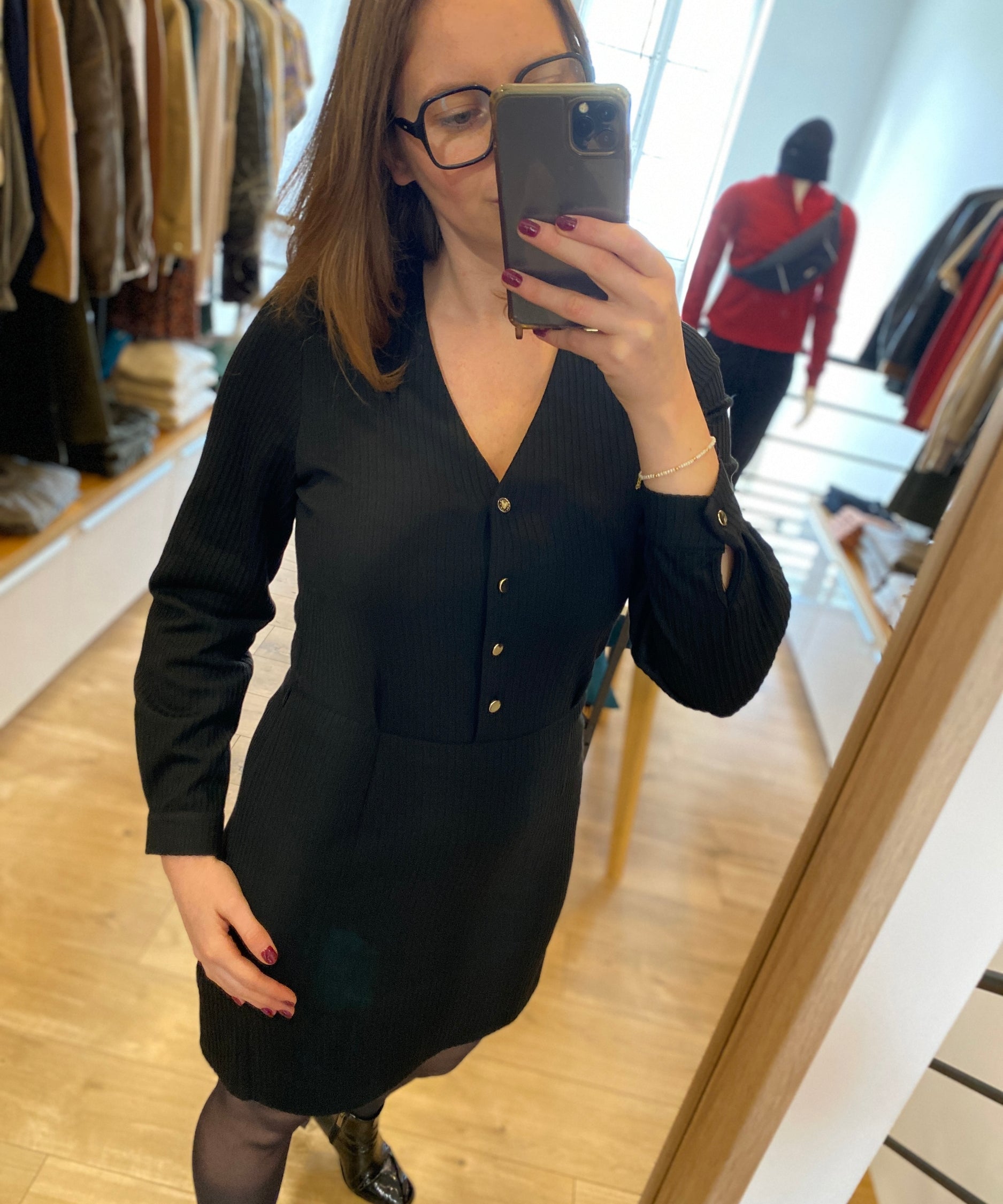 Robe courte boutonnée manches longues - Noire - I.CODE