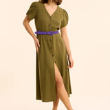 Buttoned linen-blend midi dress - Khaki - I.Code