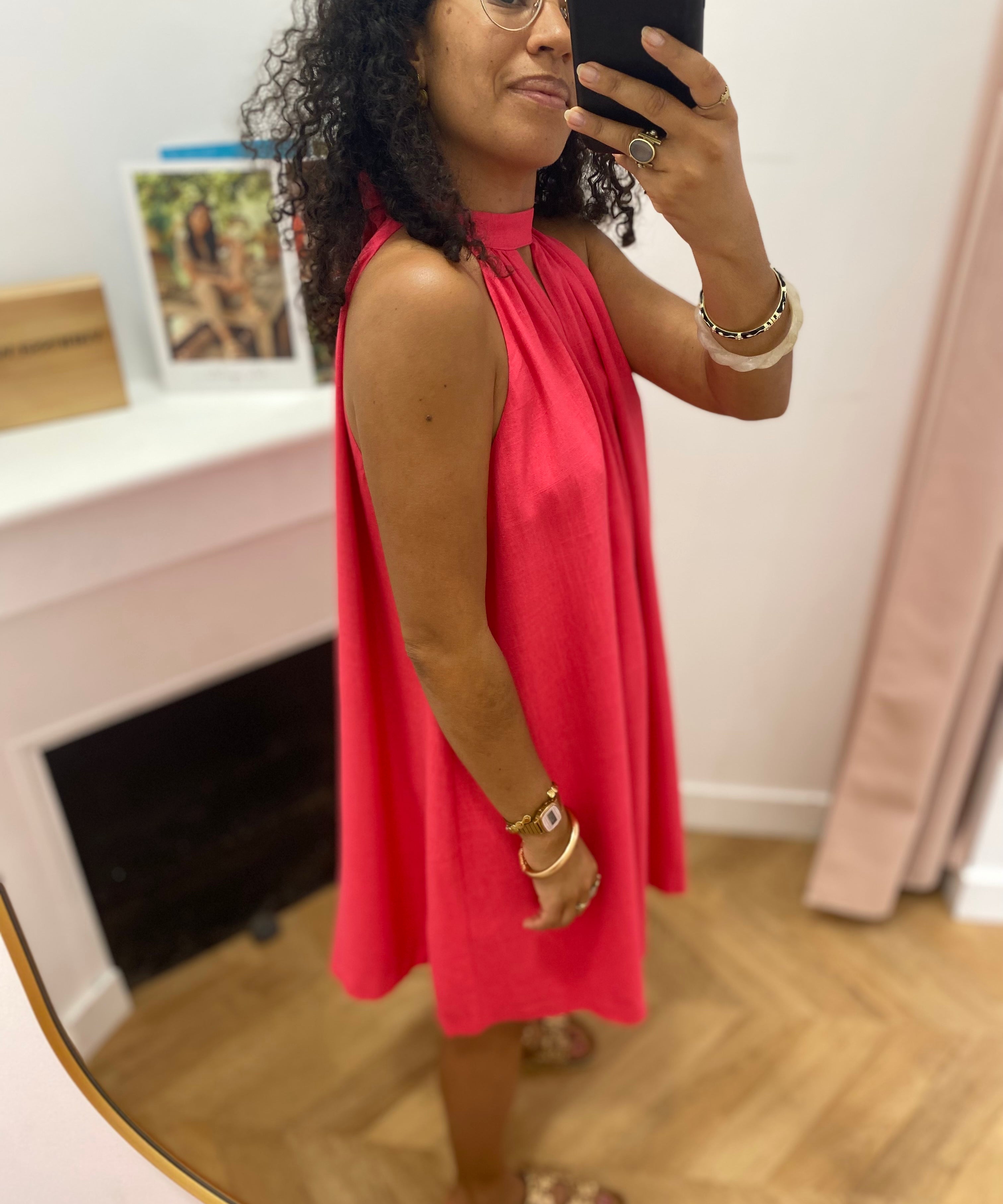 Robe courte évasée en lin dos à nouer  Whola - Fushia - GRACE & MILA