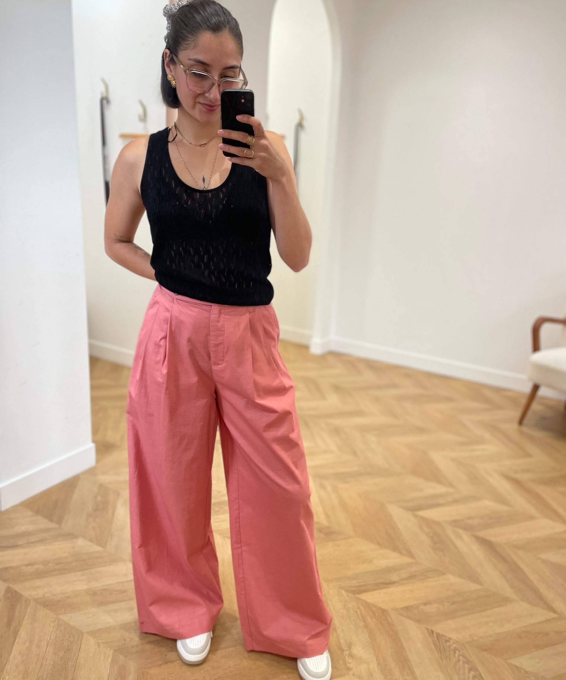 Pantalon large plissé en lin coton Robin - Rose - GRACE & MILA