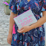 Pochette blanche - broderie rose LA VIE EN ROSE - LORA