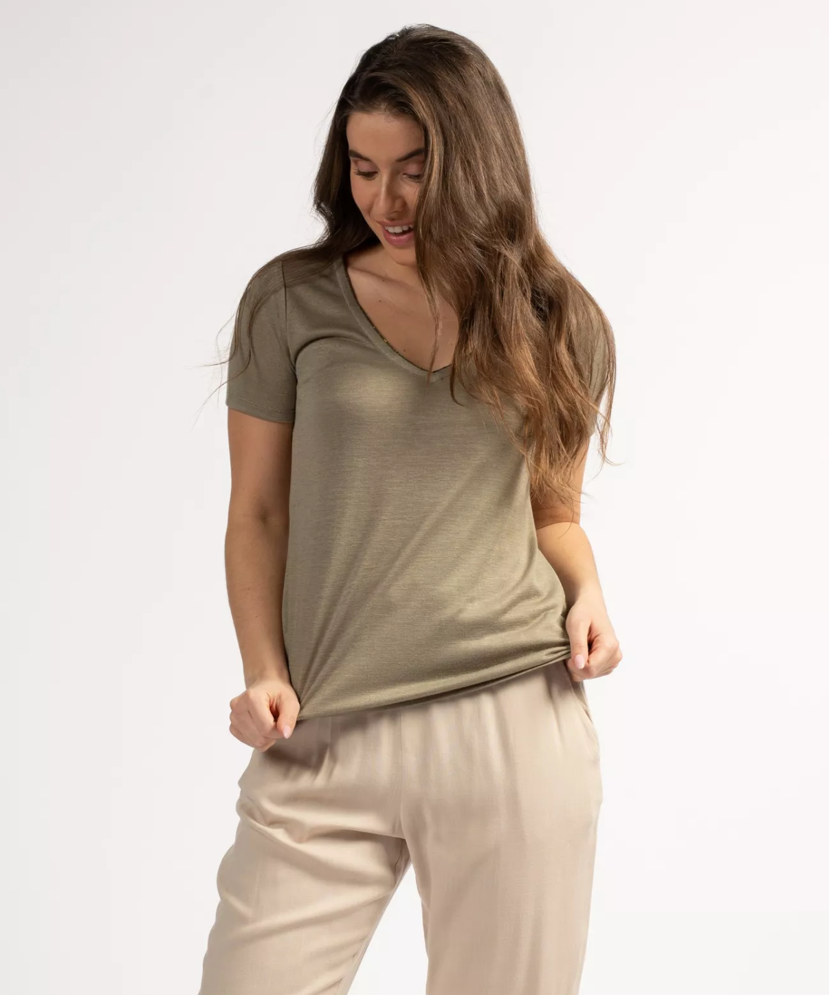 T-shirt col V femme uni Perel - Kaki - Sun Valley femme