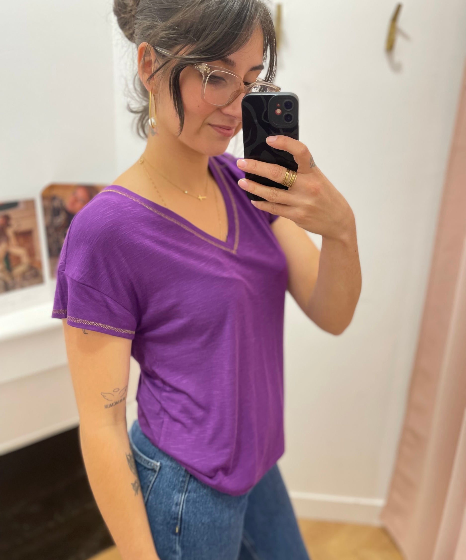 Top basique droit avec surpiqûres Vinoel - Violet - VILA