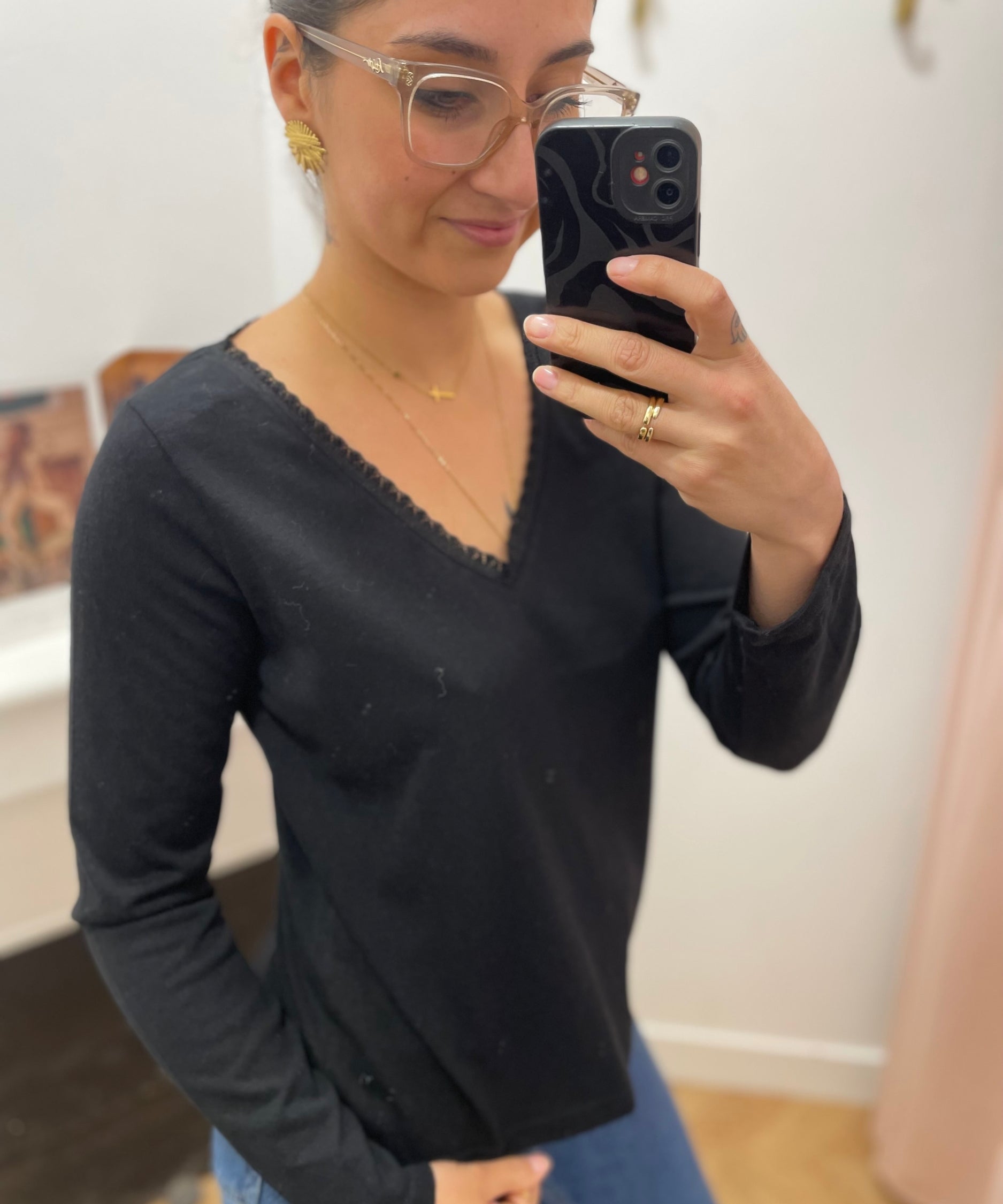 Top manches longues avec encolure en lurex Selton - Noir - GRACE & MILA