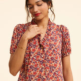 Top rouge imprimé fleuri manches plissées - Ecru - I.Code