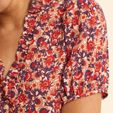 Top rouge imprimé fleuri manches plissées - Ecru - I.Code