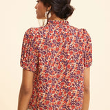 Top rouge imprimé fleuri manches plissées - Ecru - I.Code